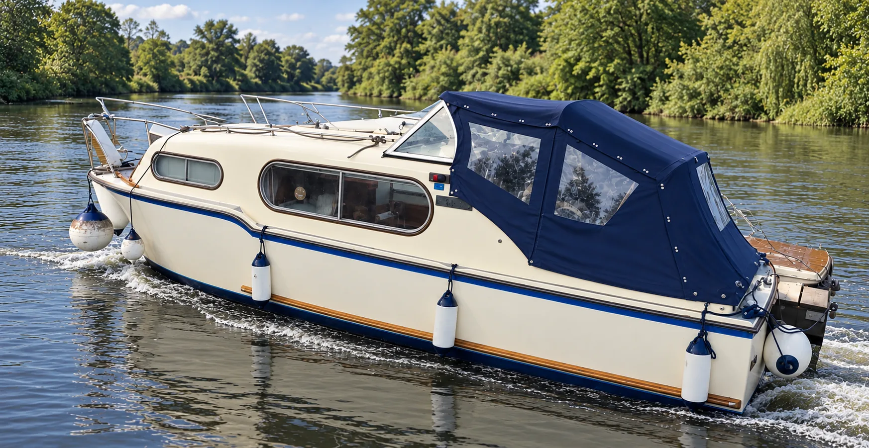 Freeman 22 river cruiser with navy blue cockpit canopy