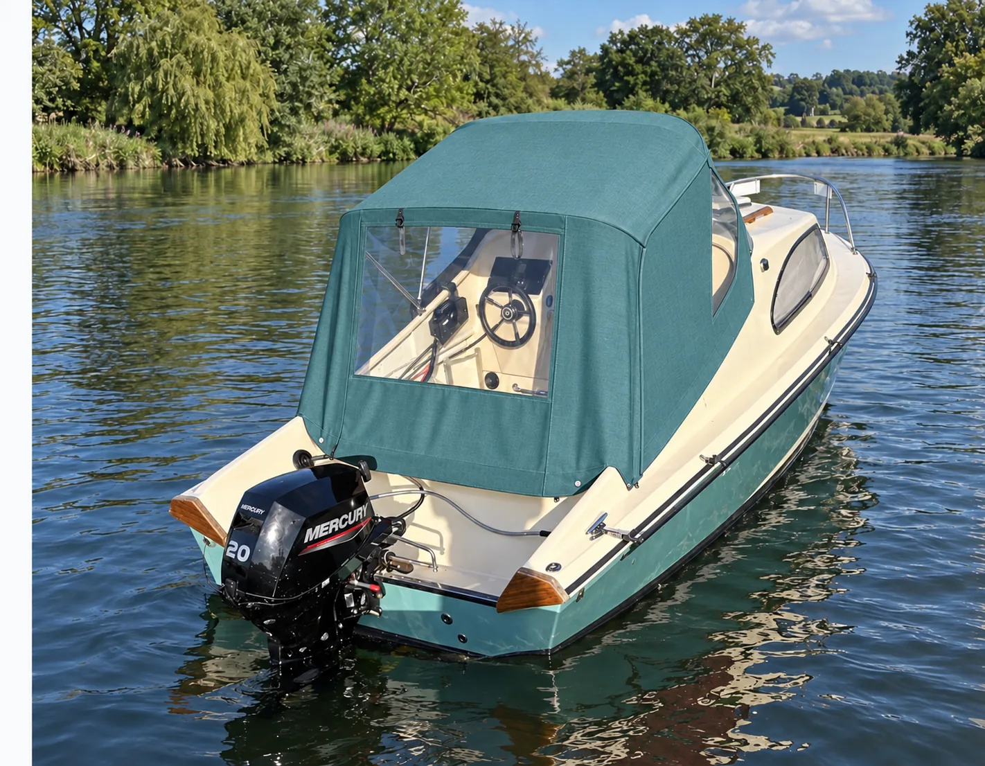 Shetland 535 cabin cruiser with teal cockpit canopy and outboard motor