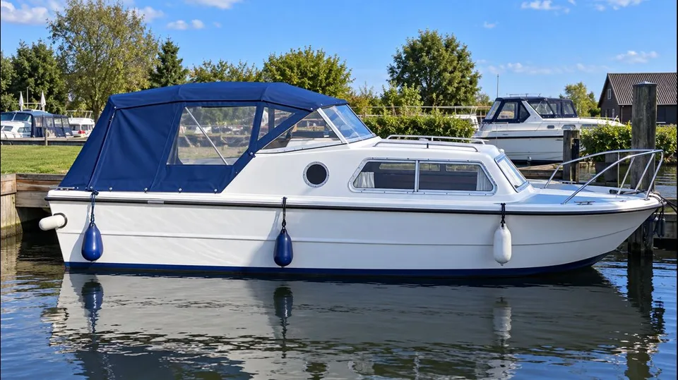 AI-generated illustration of a Norman 20-style cabin cruiser with a blue canopy